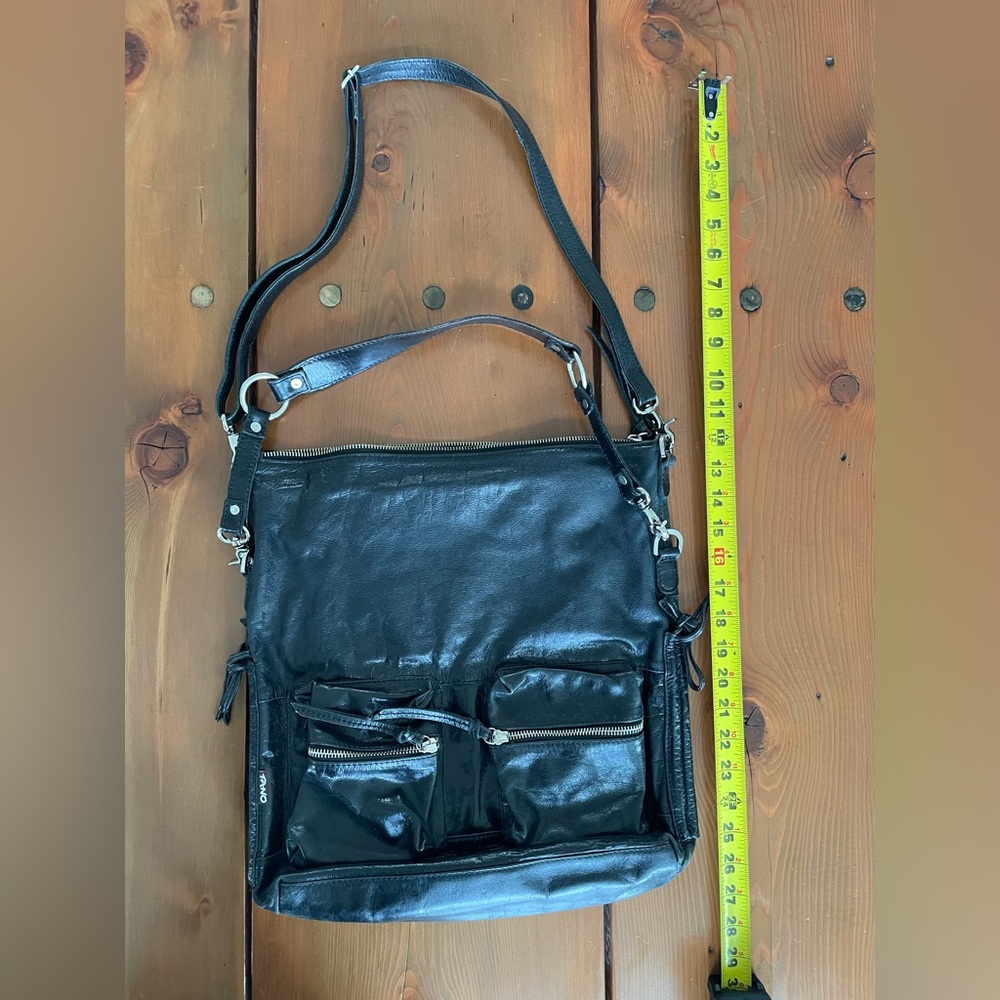 Tano Distressed Black Leather Hobo Bag Many Pockets Double Strap Purple Lining - Picture 6 of 8